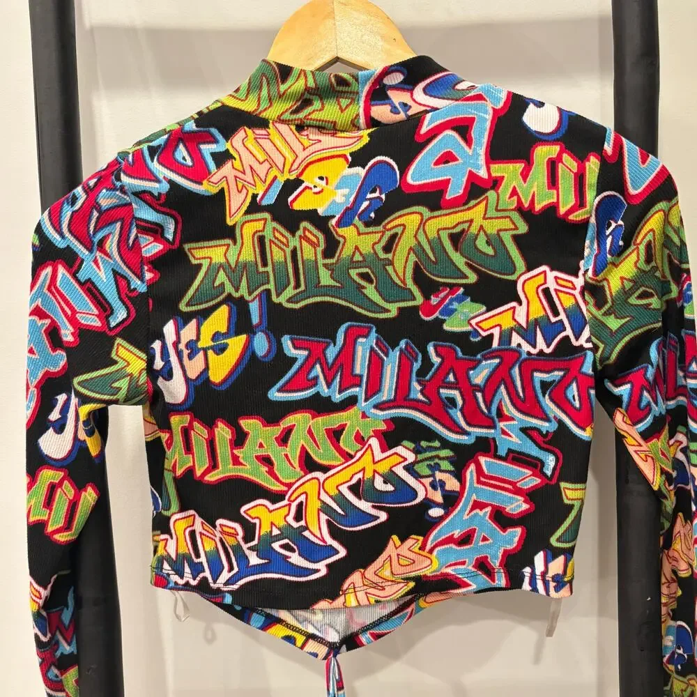 Y2K Graffiti Print Long Sleeve Crop Top - Just Polly NY - Streetwear Clubwear M - Picture 3 of 5